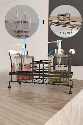 Suntel 2'li Metal Ayaklı Sıvı Sabunluk Seti - 500 Ml Siyah Sabun Ve Losyon Şişesi - Banyo Organizer Siyah