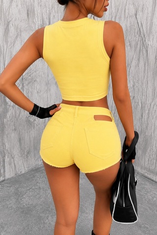 Tarz Cool Kadın Bisiklet Yaka Kolsuz Crop Atlet Süprem %100 Pamuk Basic Yazlık Tişört Sarı