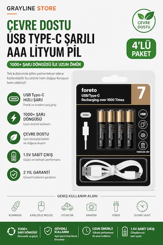 Usb Type-c Şarjlı Aaa İnce Kalem Pil 4 Lü Paket 1.5v Lityum