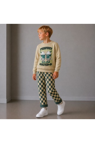 Matcha Baskılı Sweatshirt Ve Yeşil Dama Desenli Pantolonlu Erkek Çocuk Bej/zümrüt Yeşil 2iplik 2'li Krem Rengi
