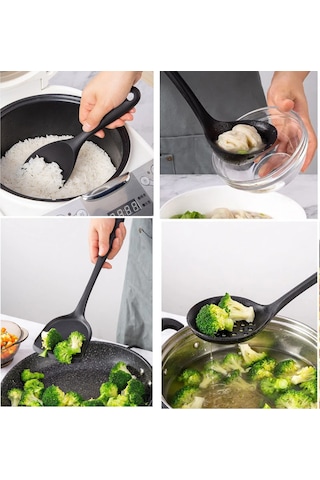 Sert Uçlu Silikon Kevgir Spatula Kepçe Kaşık Seti 4prç Siyah