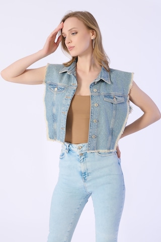 Taşlı Sıfır Kol Püsküllü Denim Ceket-a.mavi Açık Mavi