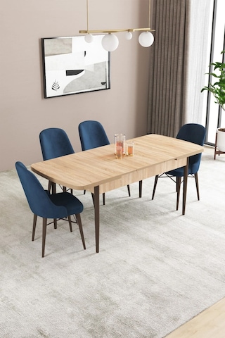 Sar Pakete Almira Serisi, Meşe Desen 80x132 Açılabilir Mdf Mutfak Masası Takımı 4 Adet Sandalye Lacivert