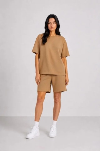 DefyModa Premium Osy Modal Yumuşak Dokulu Tişört Cepli Şort Alt Üst Takım - Kahverengi Siyah