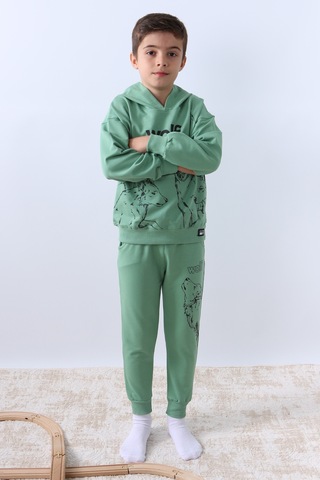 Erkek Çocuk Kapşonlu Eşofman Takımı 4 Mevsim Wolf Baskılı Ribanalı F12 Yeşil