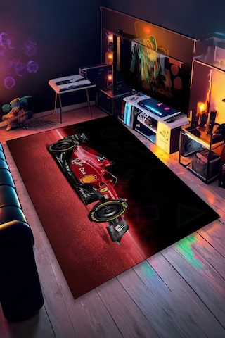 Formula 1 Kırmızı Yarış Arabası Halı Kaymaz Taban Yıkanabilir Salon Halısı F1.10