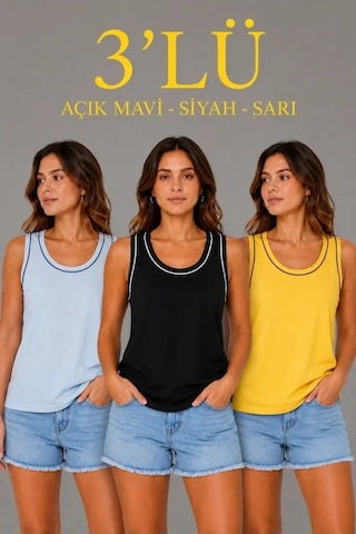 Valensdesign 3 Lü Kolsuz Sporcu Atlet Seti Yazlık Bisiklet Yakalı - Sarı, Siyah, Bebe Mavisi Çok Renkli