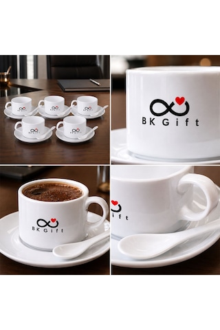 Logonuza Özel 5 Adet Porselen İkili Kaşıklı Fincan Seti - 140 Ml Kurumsal Kahve Seti Beyaz