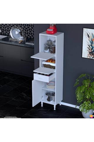 Modilayn Vio Çok Amaçlı Dolap: 35x163.4x32,5 Cm Ölçülerinde, Çekmeceli Ve Kapaklı Mutfak Dolabı. Beyaz