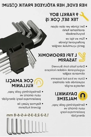 Çelik Alyan Anahtar Seti, 9 Parça, 1.5 Mm İle 10 Mm Arası Boyutlar