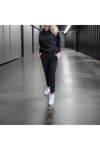 Ceyss Design Oversize İki İplik Şardonlu Beli Lastikli Kadın Eşofman Takımı-siyah Siyah