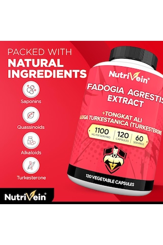 Nutrivein Premium Fadogia Agrestis And Tongkat Ali With Turkesterone - 1100 Mg - 120 Caps Strength, & Recovery For Men & Women Aromasız
