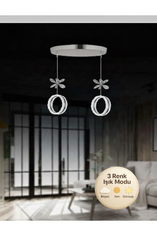 Zero Model 2"li Kristal Taşlı Gümüş 3 Renk Modu Ledli Salon Mutfak Oturma Odası Sarkıt Led Avize Metalik