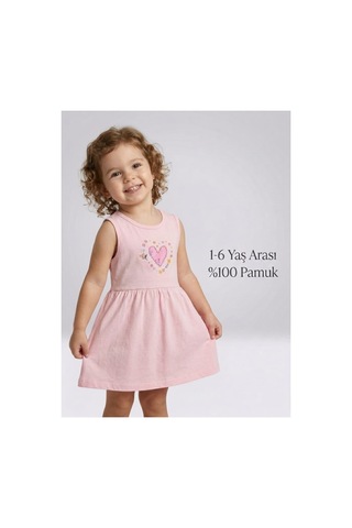 Ketbaby Kız Çocuk Kalp Desenli Pembe Elbise 1-6 %100 Pamuklu 1-6 Yaş Pembe Pembe