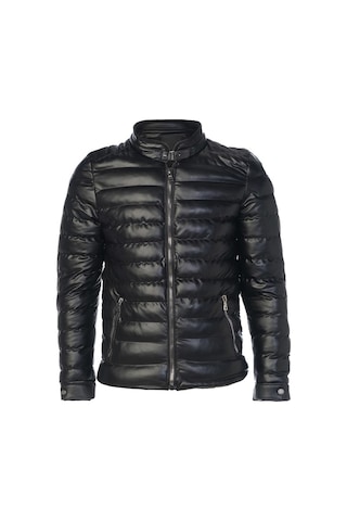 Sivaist Erkek Siyah Slim Fit İçi Kalın Kürklü Şişme Deri Mont