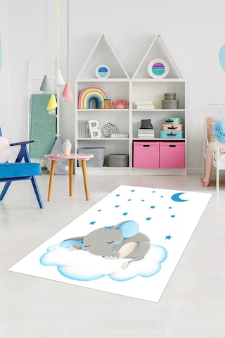 Dijital Baskılı Mavi Fil Desen Dekoratif Yıkanabilir Kaymaz Taban Çocuk Halısı Çok Renkli