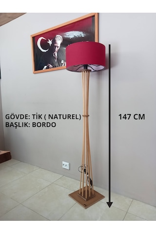 Lambader- Doğal Ahşap Ayaklı Köşe Lambası- Bordo