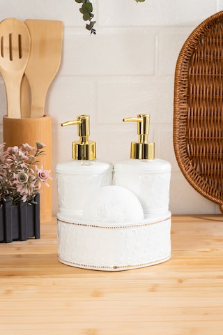 Porsima 3117 Gold Kapaklı Porselen Süngerli 2li Sıvı Sabunluk Beyaz 350+350 Ml Açık Gri - Beyaz