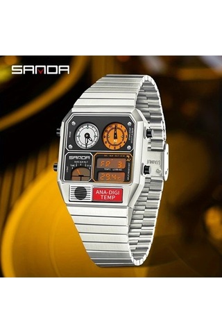 Fastbuy Güzel Altın Saat, Digital Performans, Dual Display, Alarm, 50m Su Geçirmez, Paslanmaz Çelik Bant Erkekler Saati Altın