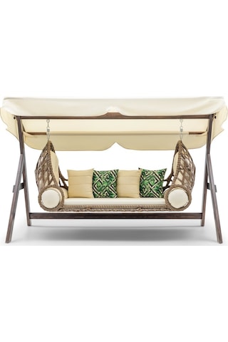 Swing Saltanat Ahşap Rattan Salıncak Dış Mekan Bahçe Balkon Ve Teras Salıncağı Krem Ceviz