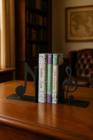Nota Ve Sol Anahtarı Figürlü Metal Kitap Tutucu 2 Li Set Müzik Temalı Masa Üstü Dekor
