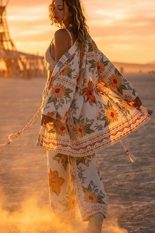 Island Girl Vintage Bağlamalı Tropikal Kollu Kimono Ve Lastik Bel Geniş Paça Cepli Pantolon Yazlık Bohem Boho Bohem Set Takım Ekru