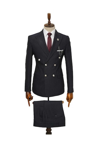 Beystil Sivri Yaka Siyah Çizgili Kruvaze Takım Elbise Togo036 - Slim Fit Siyah