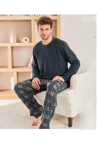 Pijamoni Erkek Düğme Yaka Kışlık Mikrosoft Likralı Pijama Takımı 6410/6 - 1 Adet Antrasit