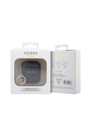 Apple Uyumlu AirPods Kılıf Guess Lisanslı 4g Desenli Taşlı 4g Süs Zincirli Siyah