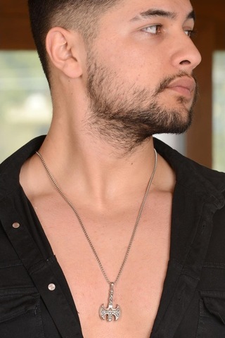 Ottoman Motifli Çift Taraflı Balta Model Çelik Erkek Kolye Zincir