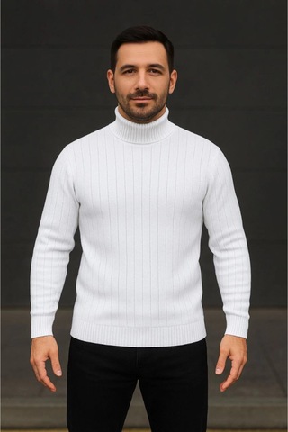 Butik İstanbul Erkek Balıkcı Yaka Bağazlı Triko Kazak Pamuklu Kalın Fitilli Dokuma, Regular Fit Uzun Kollu Kışlık Model - Beyaz Beyaz - Saks Mavi