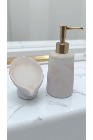 2 Li Taş Banyo Seti Beyaz - Kahverengi Mermer Desenli Aıvı Sabunluk Ve Giderli Katı Sabunluk 18 Cm Beyaz