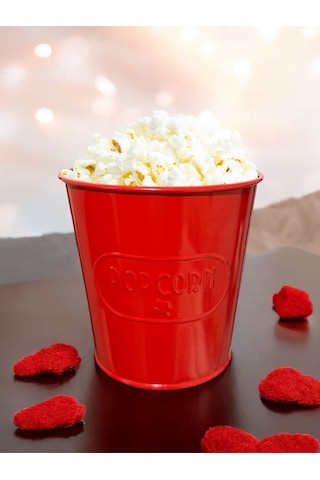 Toptanfoni Kırmızı Metal Popcorn Kutusu - Patlamış Mısır Kovası Kendinden Kabartma Desenli 2 Adet Kirmizi