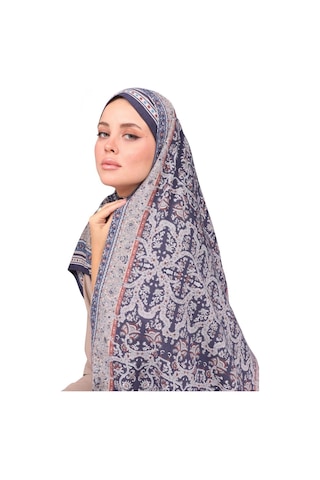 Premium Lux Original Etnik Desen Şal Vual İpek, 1. Sınıf, Hafif, Rahat, Şık, Tesettür Giyim Lacivert