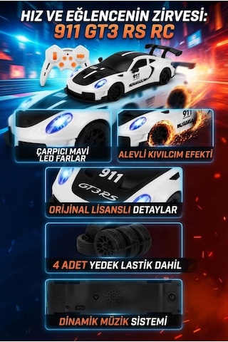 Uzaktan Kumandalı Kıvılcım Efekt Porsche Drift Yarış Arabası 4 Adet Yedek Lastik 26 Cm Sesli Oyuncak Beyaz