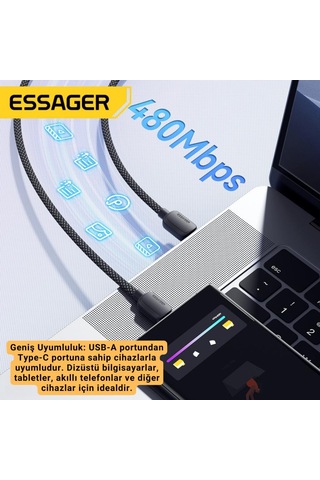 Essager E-marker Çipli 1mt 7a 100w Usb To Type C Şarj Kablosu 480mbps Veri Aktarım Şarj Akım Korumalı Kopmaz Kablo Desen - Ben10