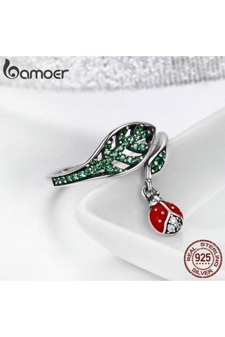 Bamoer 925 Ayar Gümüş Dinlenme Uğur Böceği Ağaç Yapraklarında Dangle Parmak Yüzük Gümüş