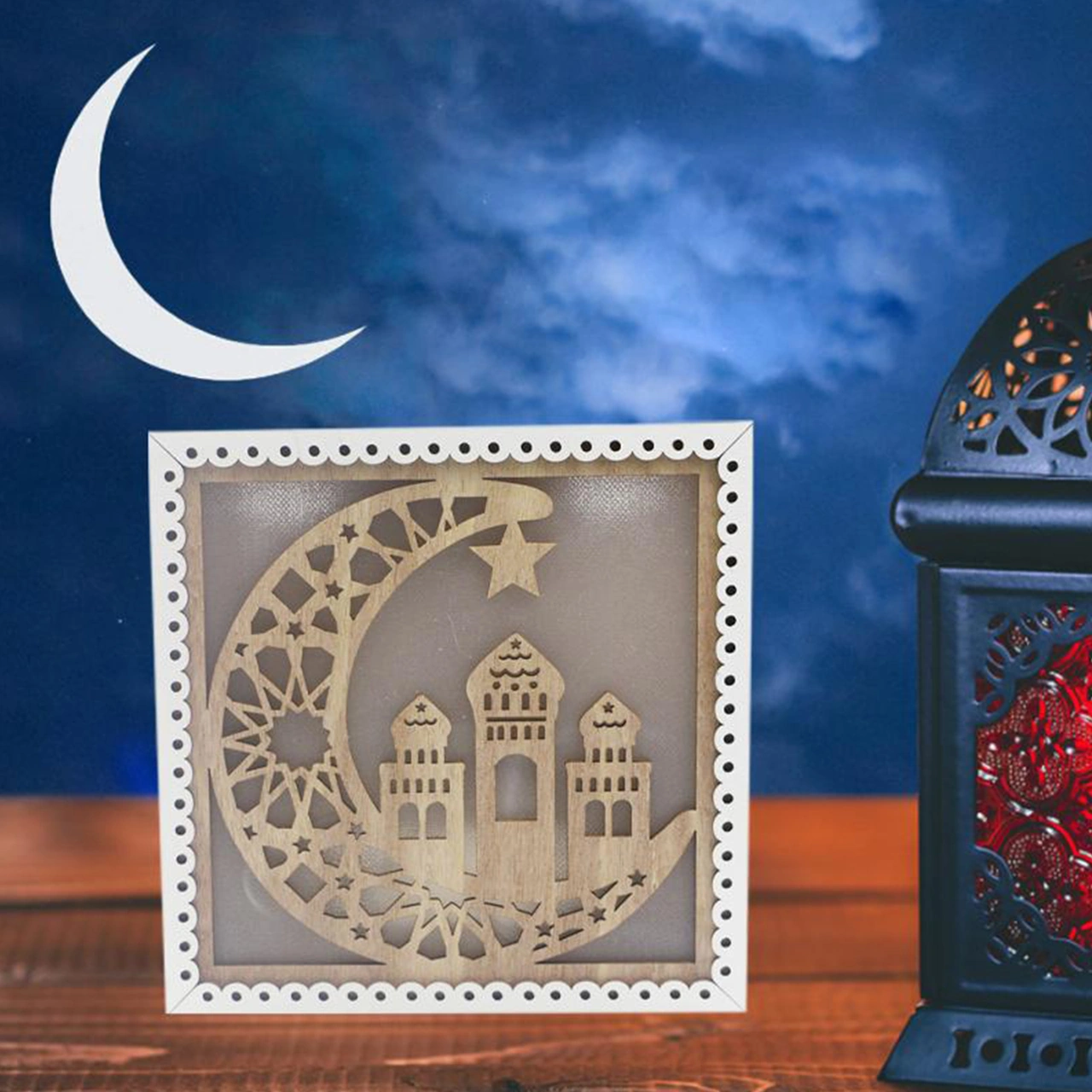 Youmex Muslim Bayramı Dekorasyonu Ahşap Ay Yıldız Mimari Desenli Led Işıklı Eid Mubarak - Jm01937 Sarı