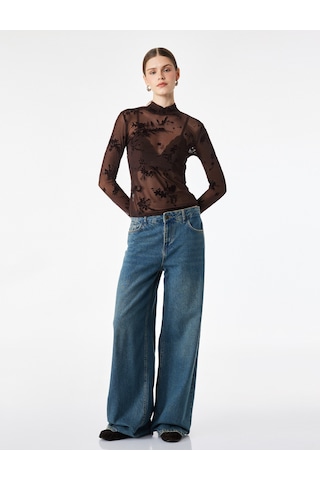 Koton Slim Fit Dik Yaka Uzun Kollu Çiçekli Tül Bluz Kahverengi 7wak70009uk Kahve