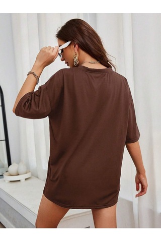True New York T-shirt - Kahverengi Baskılı Oversize Bisiklet Yaka Kısa Kol Tişört Kahverengi