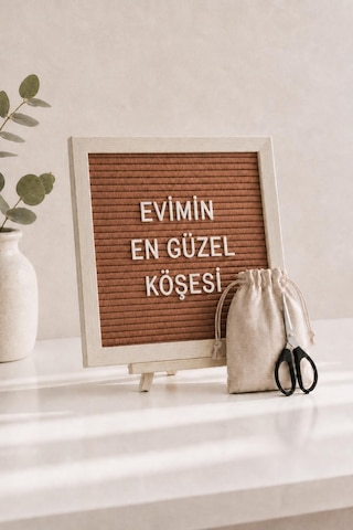 Woodart Premium Letter Board Seti, Ceviz Kahve Keçe Yüzeyli Doğal Çam Ahşap Yazı Panosu Şövale Standlı Dekoratif Set Kahverengi