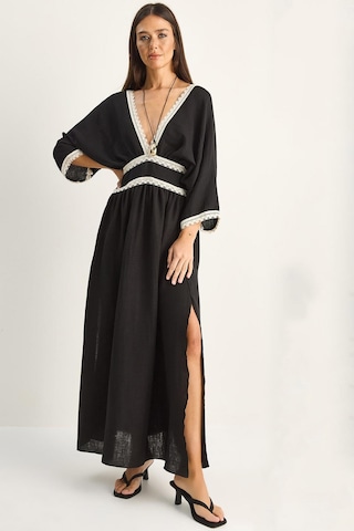 Shade Kadın Dantel Detaylı V Yaka Beli Oturtmalı Yırtmaçlı Müslin Maxi Elbise 6019 60286185 - Siyah