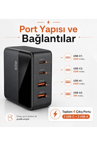 65w Gan Masaüstü Şarj Cihazı 4 Port 2 Usb-c 2 Usb-a Lcd Göstergeli