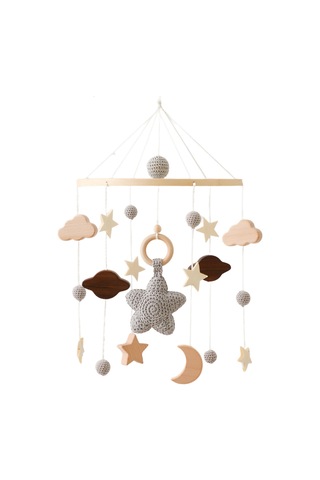 Ruicoo Güvenli Ahşap Bebek Yatak Zilleri - Tohum İpi Örgü Bebek Odası Dekorasyonu - Tohum Desenli Hafif Uyku Zili Gri Gri