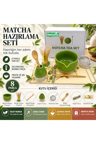 Herbarius 8 Parça Çiçek Desenli Balık Sırtı Kabartmalı Fıstık Yeşili Renk Matcha Çayı Hazırlama Seti - Geleneksel Japon Matcha Seti