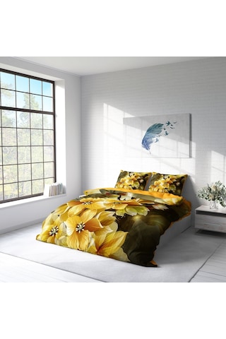 Monohome Yellow Flower 3D Pamuk Saten Çift Kişilik Nevresim Takım