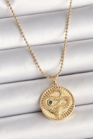 316l Çelik Gold Renk Topçuk Zincir Yılan İşlemeli Zirkon Taş Detaylı Madalyon Model Kadın Kolye Altin