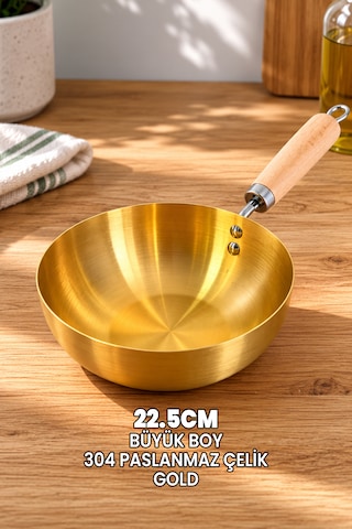 22.5cm Gold Tava Büyük - Japon Stil Gold Wok Tava - Tam Yuvarlak Tava - 304 Paslanmaz Çelik Profesyonel Ahşap Saplı