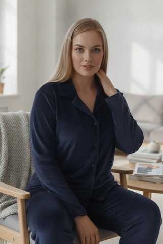 Estiva Kadın Önden Düğmeli Büyük Beden Kadife Pijama Takımı Lacivert