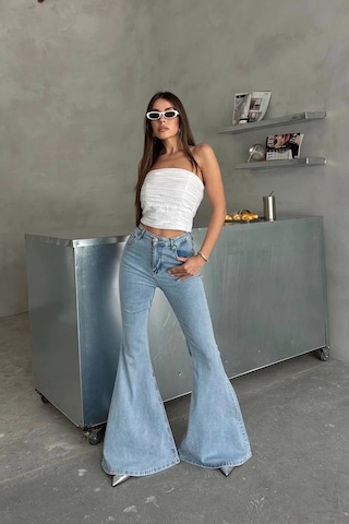 Extra Geniş Paça Yüksek Bel Likralı İspanyol Jeans Buz Mavi